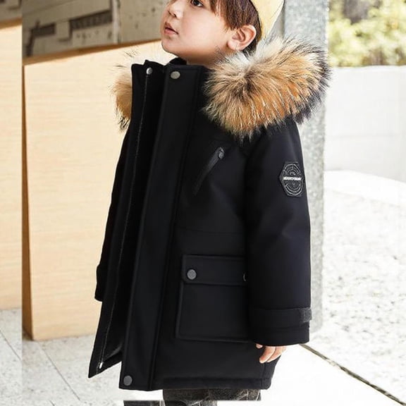 Kids Warm Coat Solid Color Zip Up Hooded Mid-Length Pocket Thick Warm Jacket Unisex Casual Outerwear For Boys Girls Black 5-6Years