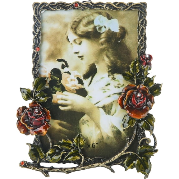 4x6in Picture Frame Vintage Decor Ornate Red Rose Flower Antique Photo Frame with Glass Front Metal Brass Art Table Top Decor for Valentines Wedding Anniversary Birthday Mothers Day Gifts
