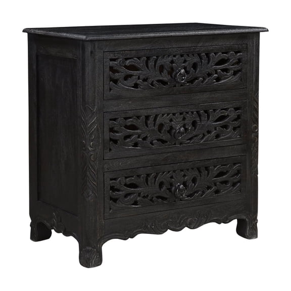 Taran Designs Monte Floral Carved Solid Wood 3-Drawers Nightstand in Black