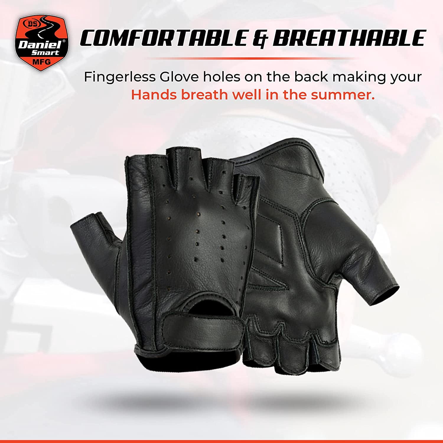Daniel Smart Men’s Leather Gloves – Naked Cow Leather - Fingerless Motorcycle Gloves with Perforated action and Leather Palm