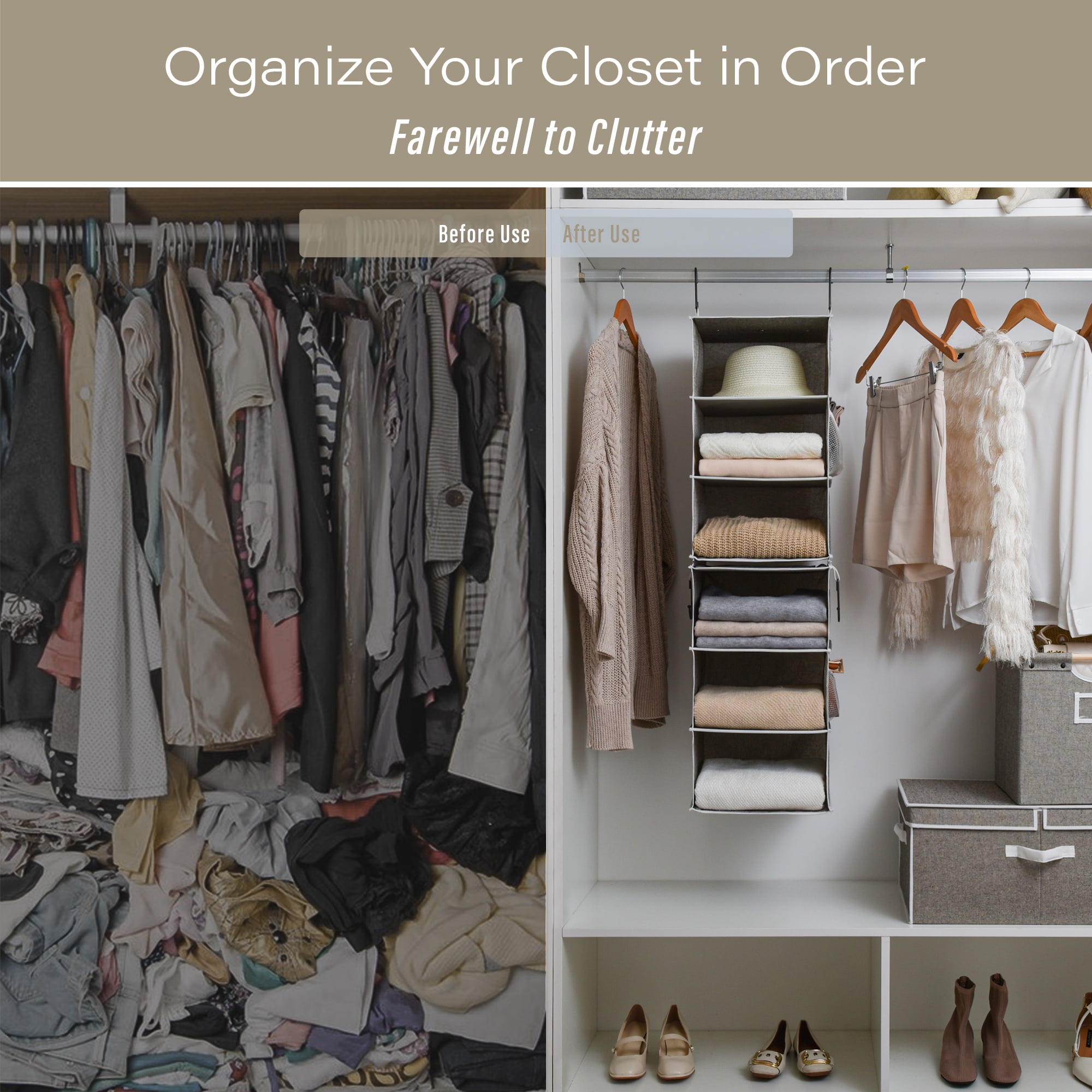 StorageWorks Fabric Hanging Closet Organizer, 6-Shelf Hanging Storage Organizer for Cabinet, Gray, 12"x12"x42"