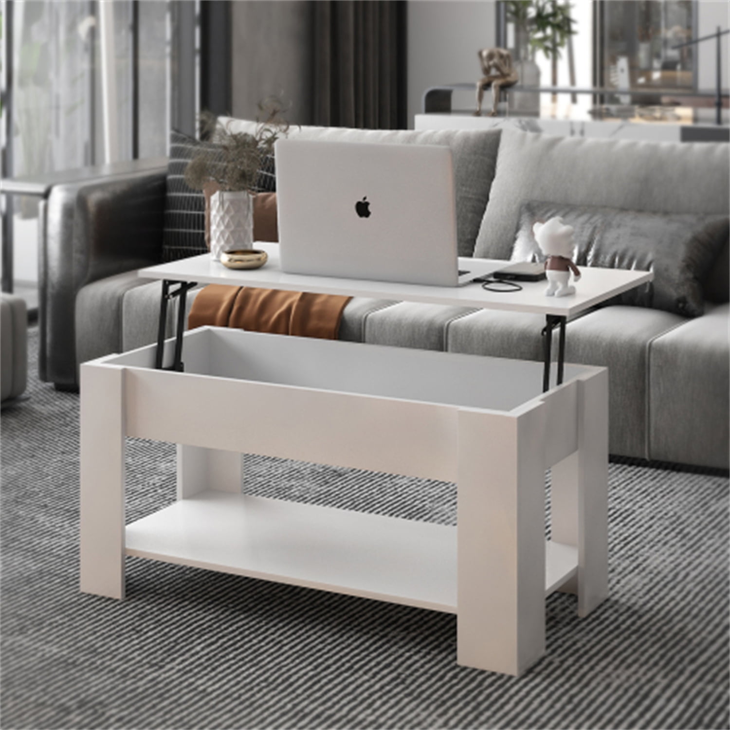 Kepooman Lift Top Coffee Table, Wood Lifting Top Central Table, White Kepooman Lift Top Coffee Table, Wood Lifting Top Central Table, White
