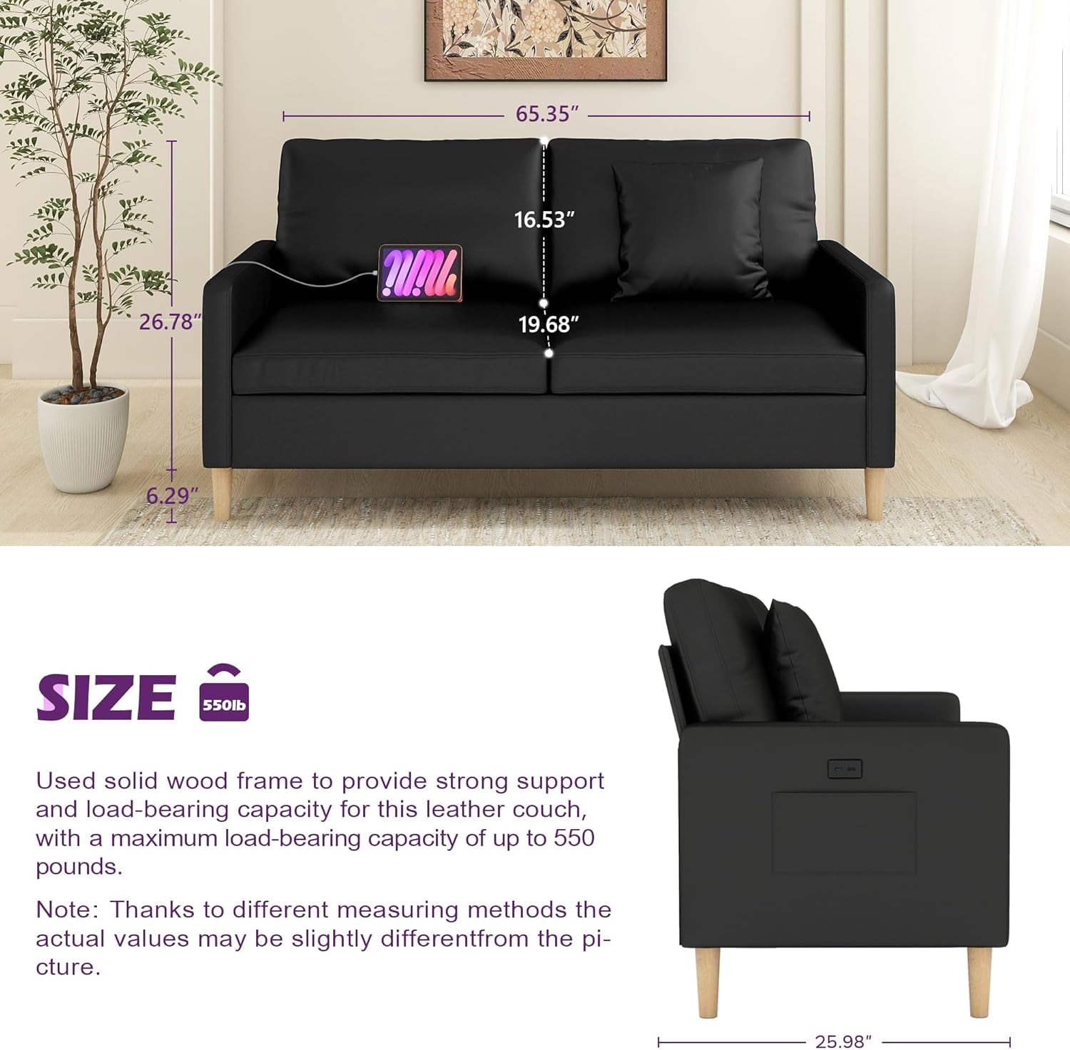 LAZZO 66" Black Faux Leather 2-Seater Loveseat Sofa with USB Charging, Mid-Century Modern Tufted Comfy Cloud Couch for Small Spaces, Living Room Bedroom Office Apartment