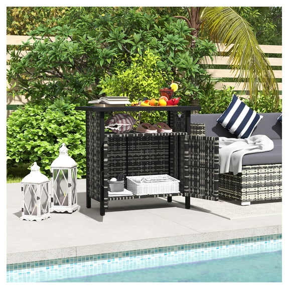 Outdoor Pool Towel Storage Cabinet, PE Rattan Poolside Organizer with Shelf, Weather Resistant Bar Table for Towels & Essentials - Mixed-Gray