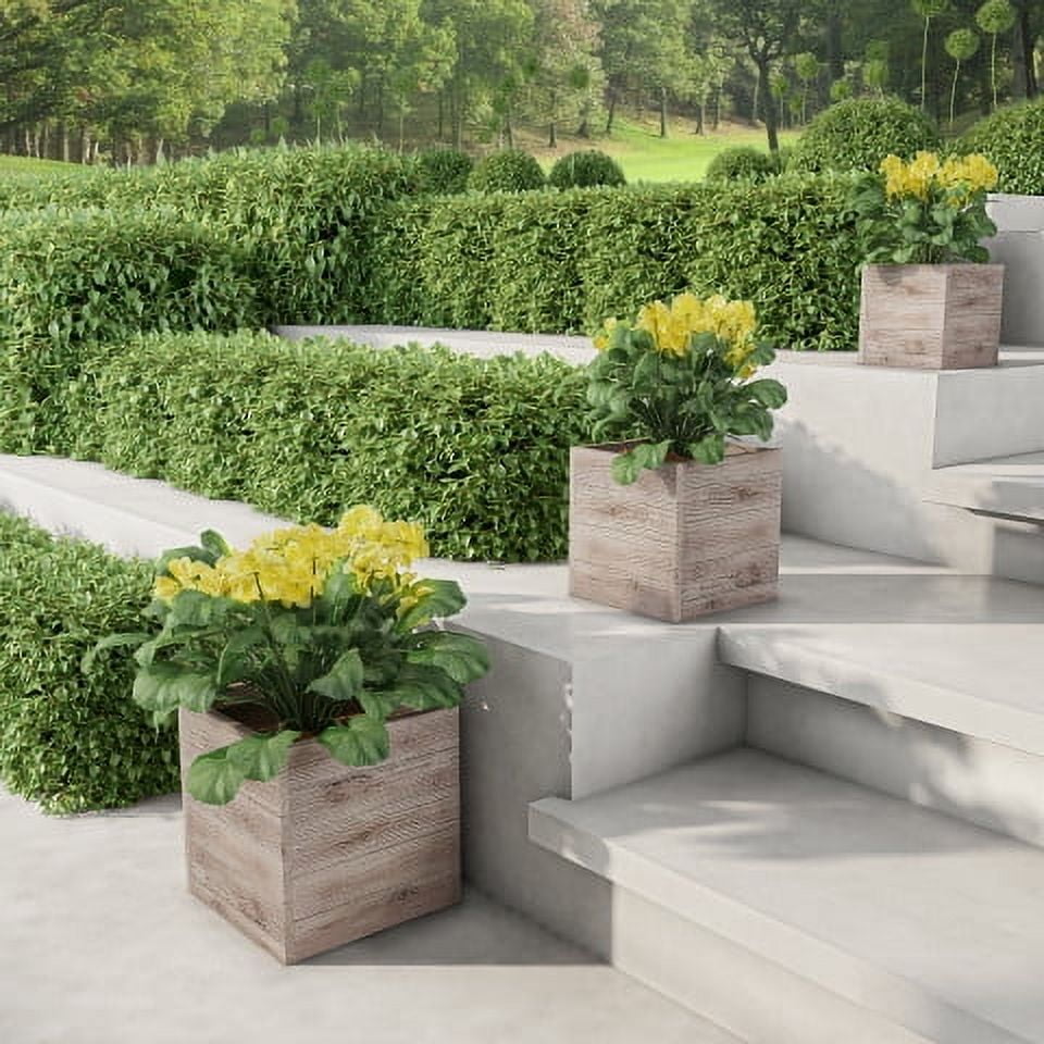 Pure Garden 15.1", 12.1" and 9.6" Large Square Rustic Wood-Look Outdoor Flower Planter Pots, Set of 3 (Gray)