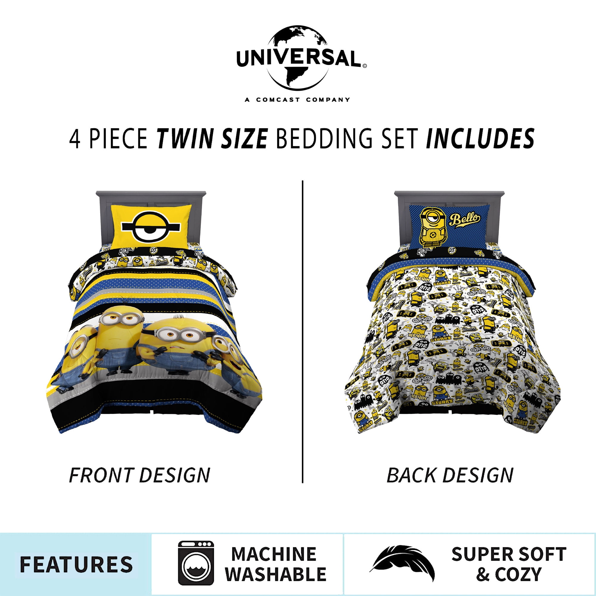 Minions Kids Twin Bed in a Bag, Comforter and Sheets, Yellow, Universal