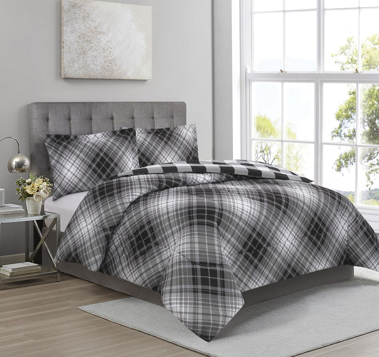 3 Pieces Comforter Set Bias Plaid Charcoal
