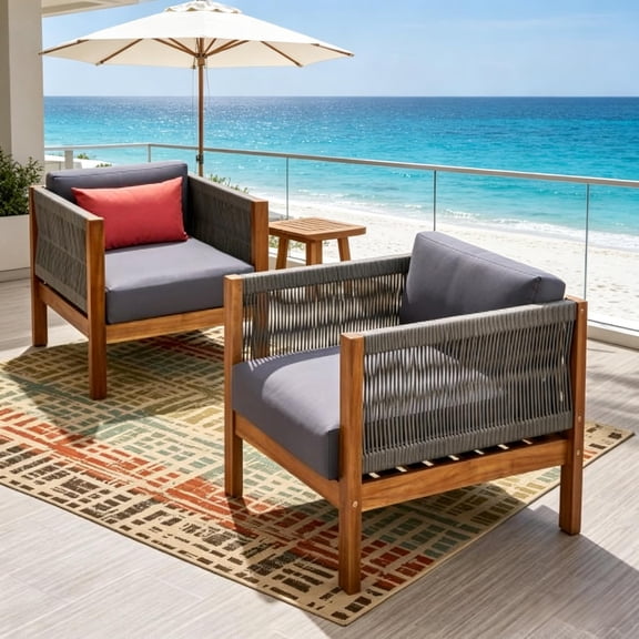 Dokea Outdoor Conversation Sets Club Chair 2 Furniture Cushion Acacia Wood Frame Backyard Porch Poolside Minimalistic