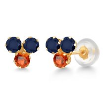 Gem Stone King 14K Yellow Gold Blue Sapphire and Orange Sapphire Three Stone Stud Earrings for Women (0.92 Cttw, Gemstone September Birthstone, Round 3MM)