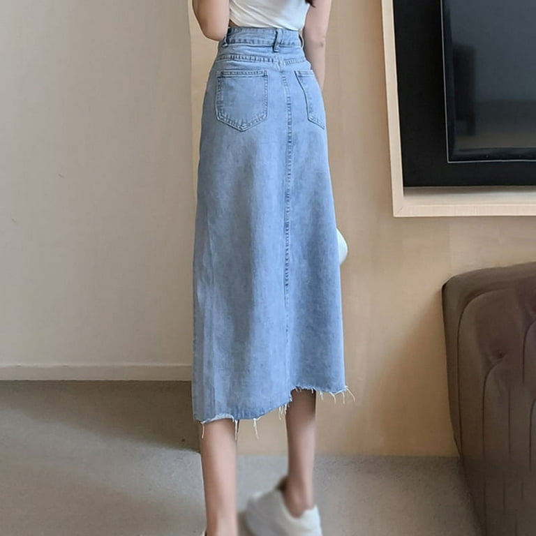 Women s Denim Skirt Knee Length Slit Denim Skirt Casual High Waisted Button Up Denim Dress for Women Blue Small