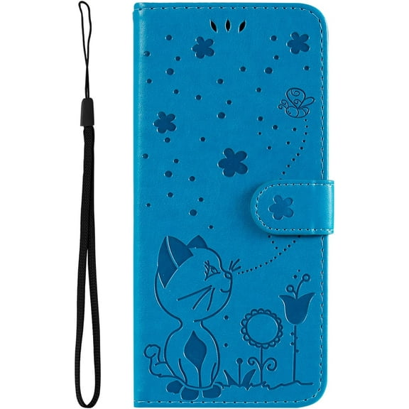 Compatible with iPhone 13 Mini Wallet Case,PU Leather Kickstand Case with Card Slots,Durable Shockproof Cover for iPhone 13 Mini,Cat and Bee Flip Shell,Blue