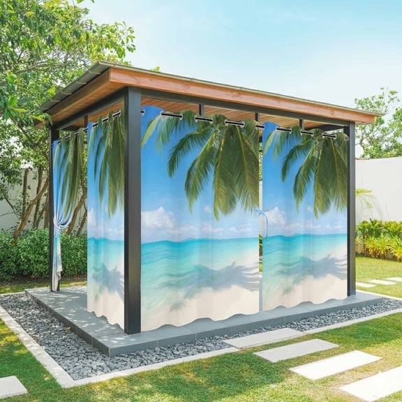 Coastal Beach Outdoor Curtains for Patio, Palm Leaf Coconut Trees Sunny Day Tropical Waterproof Outside Curtains Privacy Blackout Curtain for Porch Pergola Cabana, 2 Panel 54W x 95L Inch