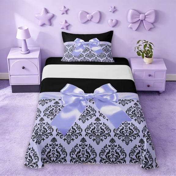 Erosebridal Purple Cute Bows Girls Twin Sheet Sets,Gothic Vintage Floral Bedding For Adult 3pcs
