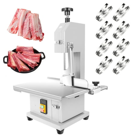 Electric Bone Saw Machine 110V Butcher Bandsaw with 8 Blades 19in(L)x14in(W) Stainless Steel Countertop Thickness Range 0.04-3.9In Cutting Height Range 0.04-7.8In for Rib/Pork/Beef/Steak/Bone Cutting