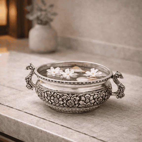 NATRIEL Handcrafted Decorative German Silver Urli Bowl with Floral Design, 7.0x2.75 Inches