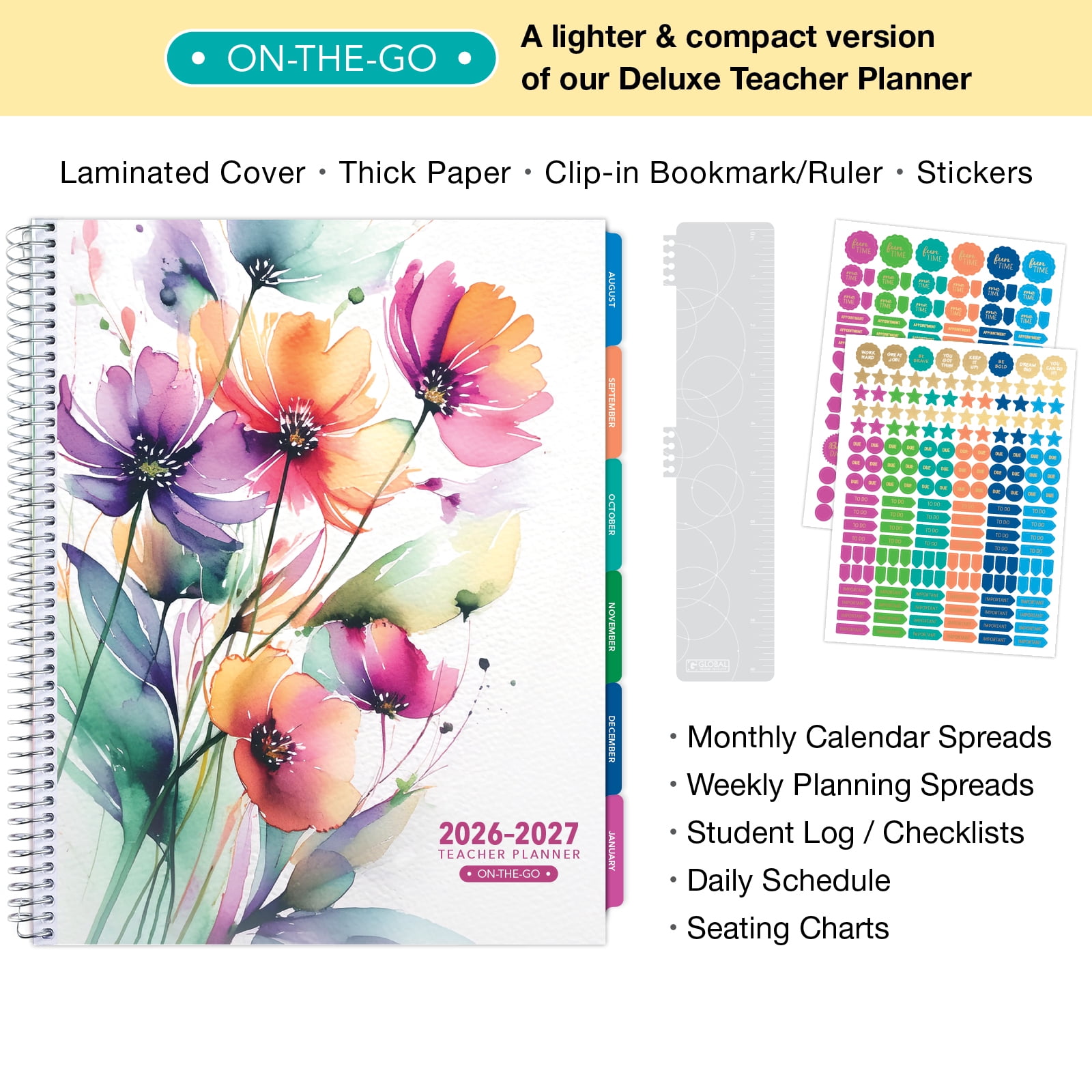 2026-2027 Excello Brands 8.5" x 11" Academic Year Teacher Planner, Weekly/Monthly, 12 Month, Rainbow Floral