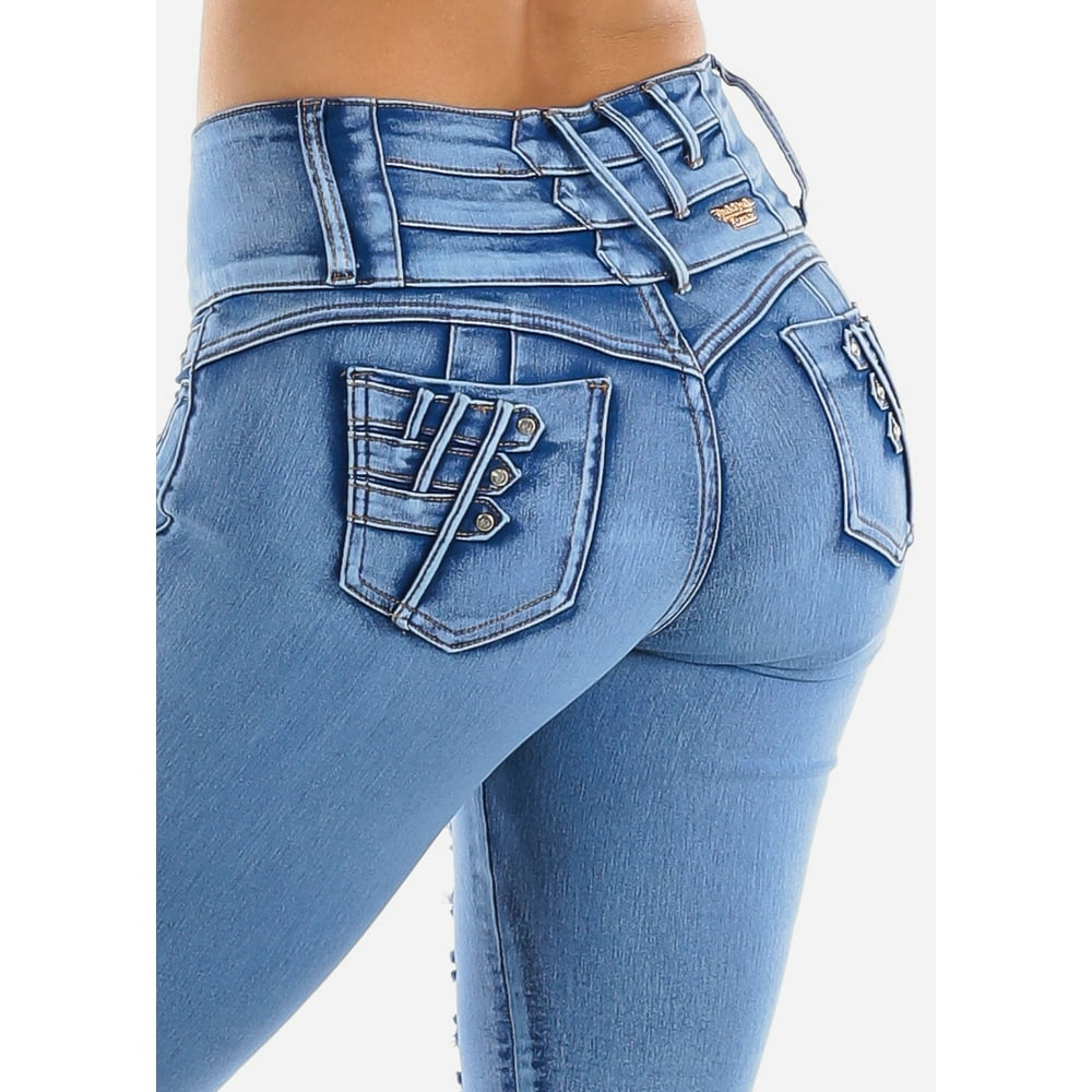 Moda Xpress Womens Juniors Blue Wash Denim Capris High Rise Denim Capris Butt Lifting