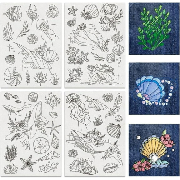 4 Sheets 50pcs Ocean Theme Water Soluble Hand Sewing Stabilizers Fish Shell Conch Whale Tear Away Embroidery Stabilizers for Embroidery Carves Shirts Coats Bags Towels DIY