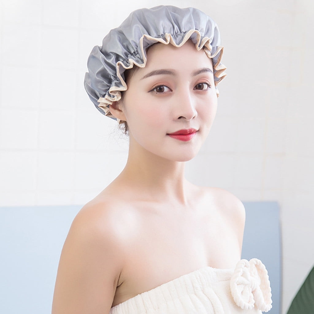 Bathroom Organizer Women Double Waterproof Shower Satin Bathing Cap Hats  Silk Reusable Hair Cover Bathroom Decor Rugs Towels Accessories Mat Storage  