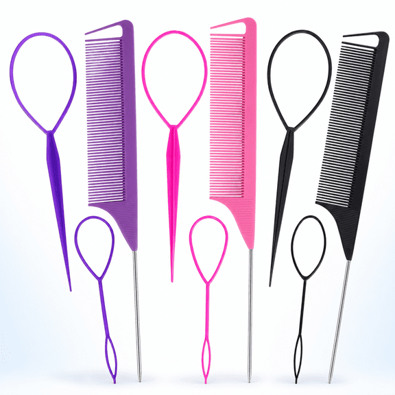 9 Pcs Topsy Tail Hair Styling Set – 6 Pull Through Hair Tools 3 Rat Tail Combs for Braiding & Hairstyling