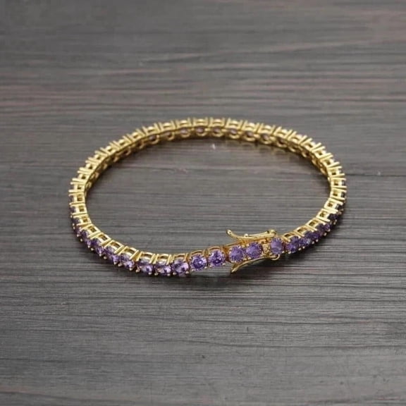 9CT Round 4mm Simulated Amethyst Women's Tennis Bracelet 14K Yellow Gold Plated 7"