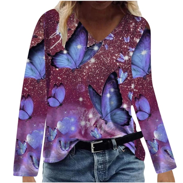 Blusa suelta con cuello en V y manga larga fina con estampado de mariposas a la moda para mujer Fridja hj4289