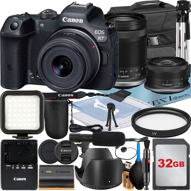 Canon EOS R7 Mirrorless Camera with RF-S 18-45mm + 18-150mm Lens + 32GB Memory Card + Case + LED Flash + ZeeTech Accessory Bundle