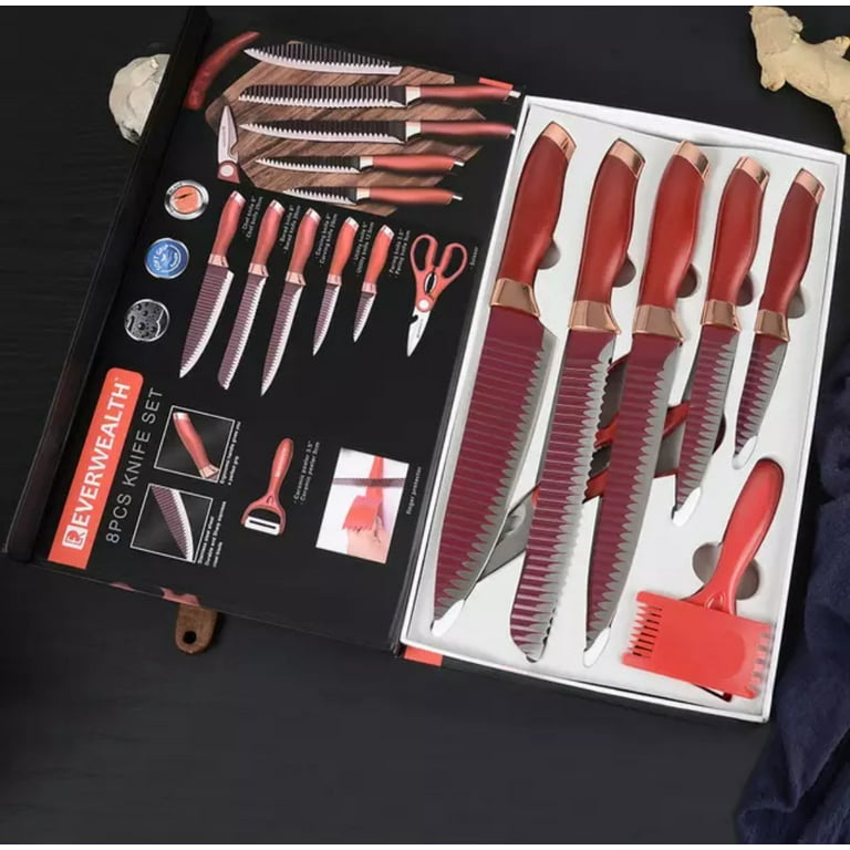 Everwealth Stainless Steel Royal Swiss Master Line 8pcs Non-Stick Kitchen Knife Set with Gift Box, Red