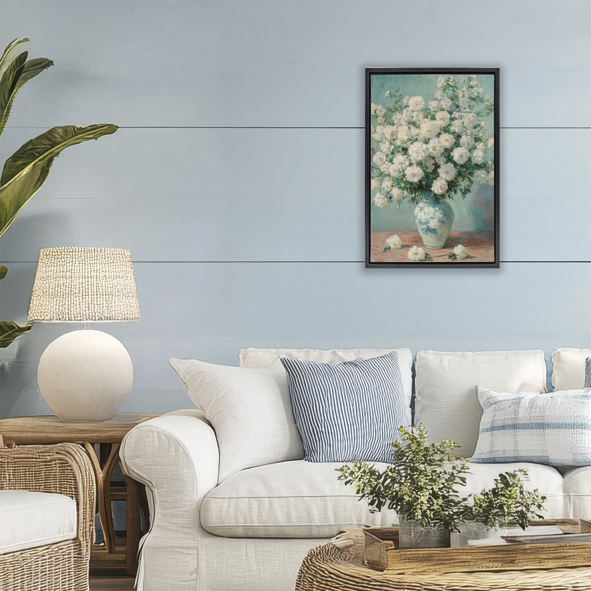 Stupell Industries Lush Bouquet of White Roses Black Framed Floater Canvas Wall Art, design by Petal Prints Design