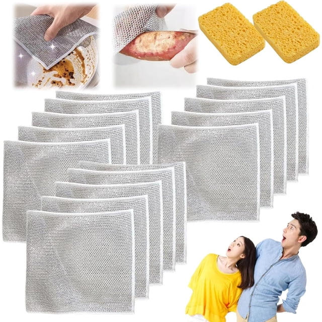 Graceiful Doble fregador de acero inoxidable, 2024 nuevo paño doble de acero inoxidable, paño multiusos antiarañazos, trapos de alambre para lavar platos húmedos y secos (15 unidades)