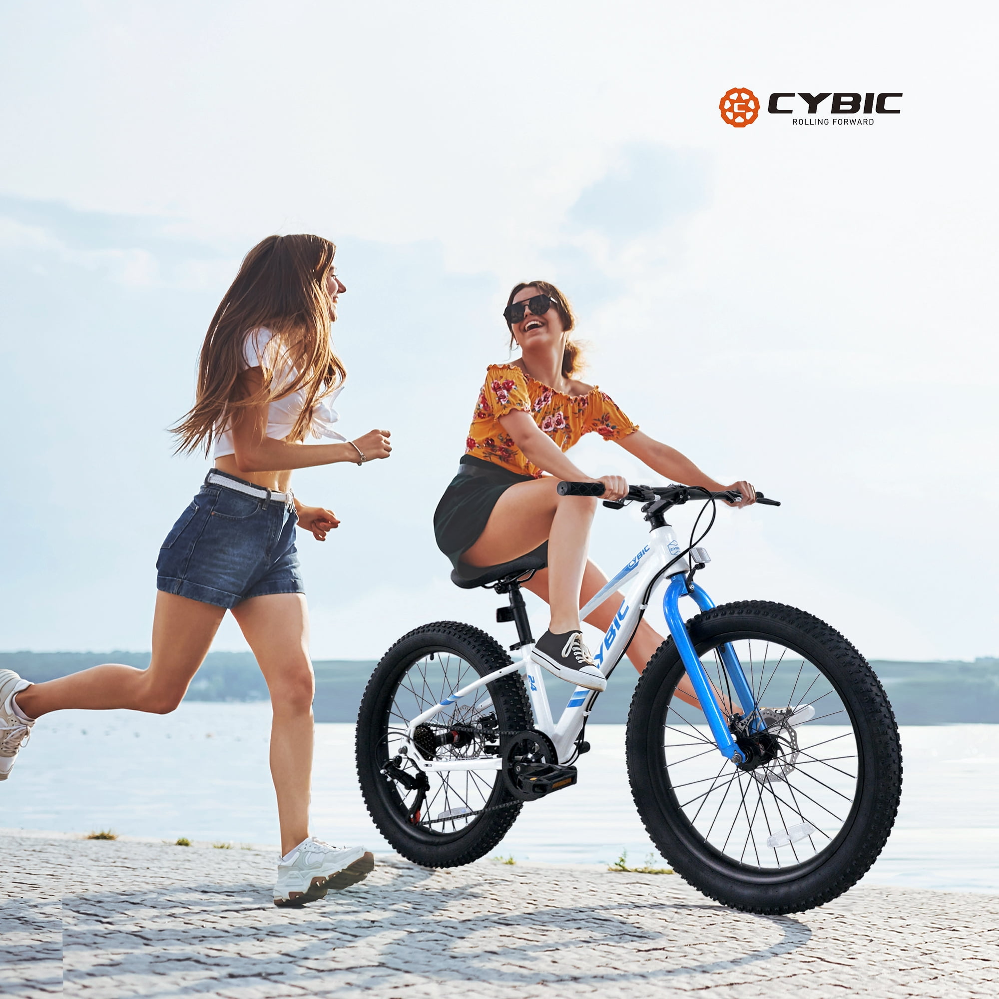 Cybic Fat Tire Mountain Bike 24 inch, 7 Speeds, Double Disc Brake Bicycle, White Blue
