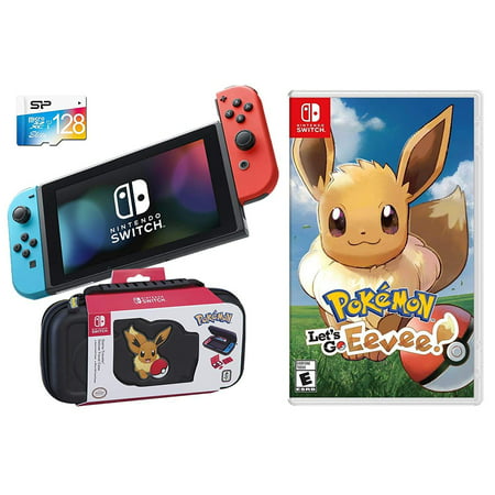 Nintendo Switch Pokemon Let\'s GO Eevee Starter Bundle: Pokemon Let\'s Go Eevee, Deluxe Travel Case, 128GB SD Card and Nintendo Switch 32GB Gaming Console with Neon Red and Blue (Pokemon Red Best Starter)
