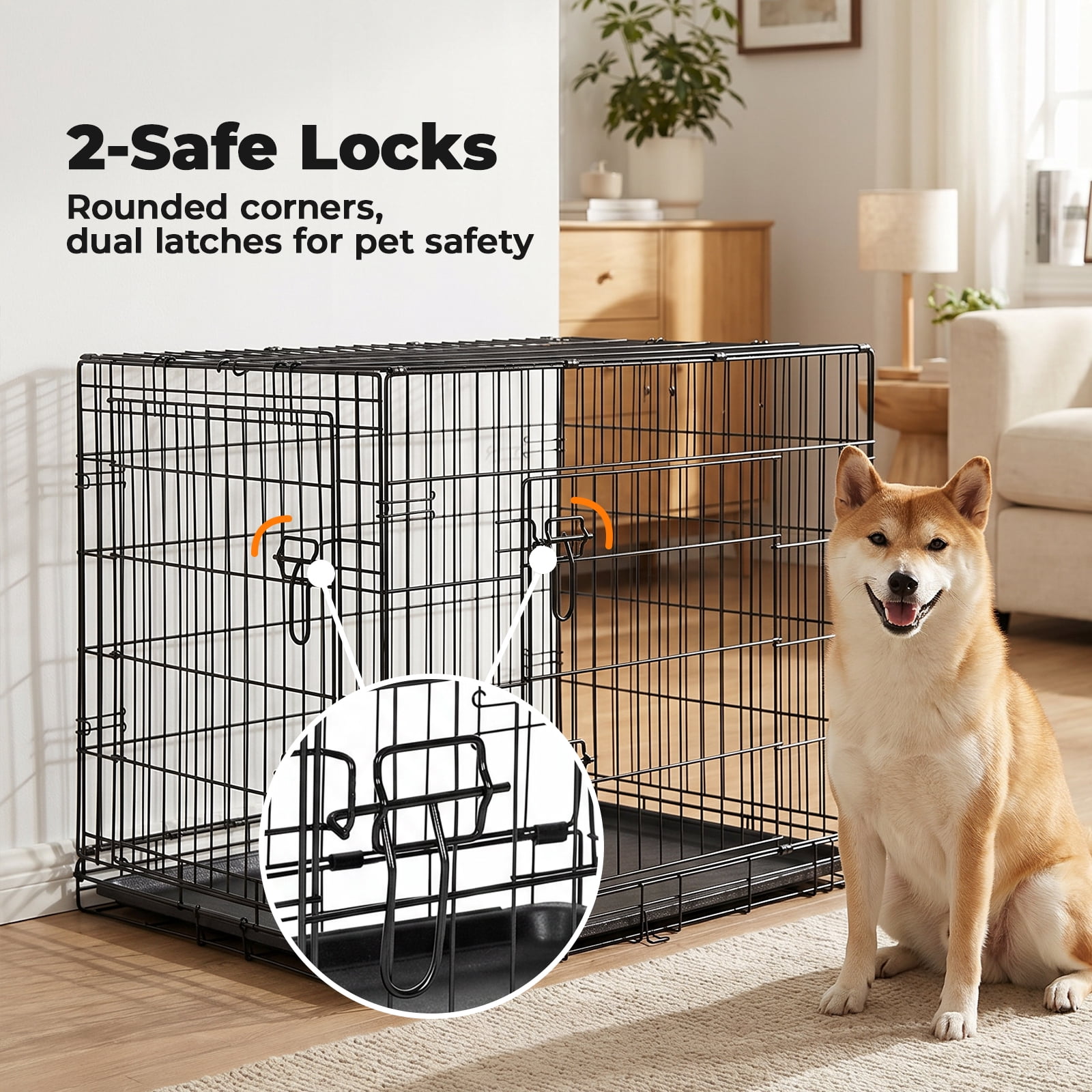 Alvantor 36-48 Inch Double Door Dog Crate - Heavy Duty Foldable Metal Cage with Divider, Removable Tray & Enhanced Safety Design for Large Dogs, Black