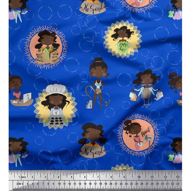 Soimoi Blue Poly Georgette Fabric Circle,Cook & Working Girl Print Fabric by Yard 52 Inch Wide