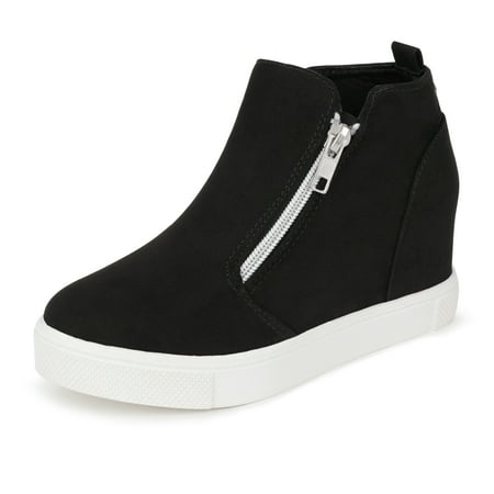 

HOMEHOT Girls Sneakers Girls Fashion Wedge Sneaker Shoes Little Big Kid High Top Shoes with Side Zipper Black Size 5 Big Kid