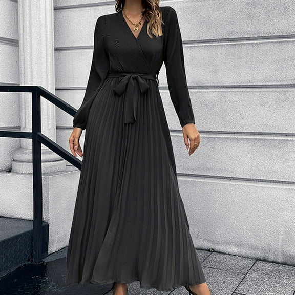Elvqul Dresses for Women Black Casual Pleated Dress Slim Solid Color V Neck Vacation Long Sleeve Womens Maxi Dress Belted
