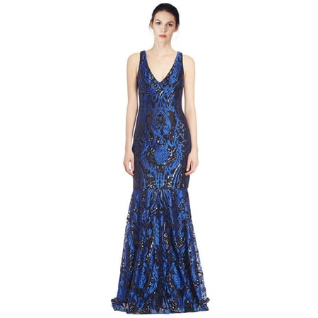 David Meister Gowns - David Meister Embroidered Sequin V-Neck Evening Gown Dress