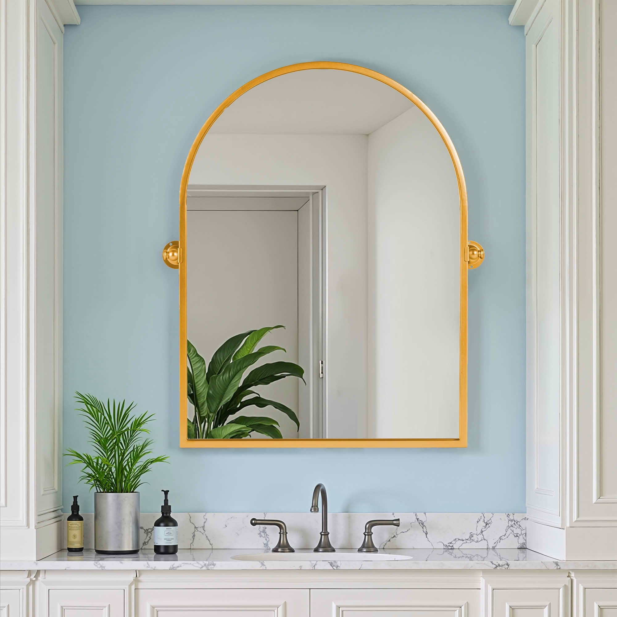 MAYEERTY 36x24x2 Inch Gold Metal Right Angle Arched Wall Mounted Mirror for Home Bathroom