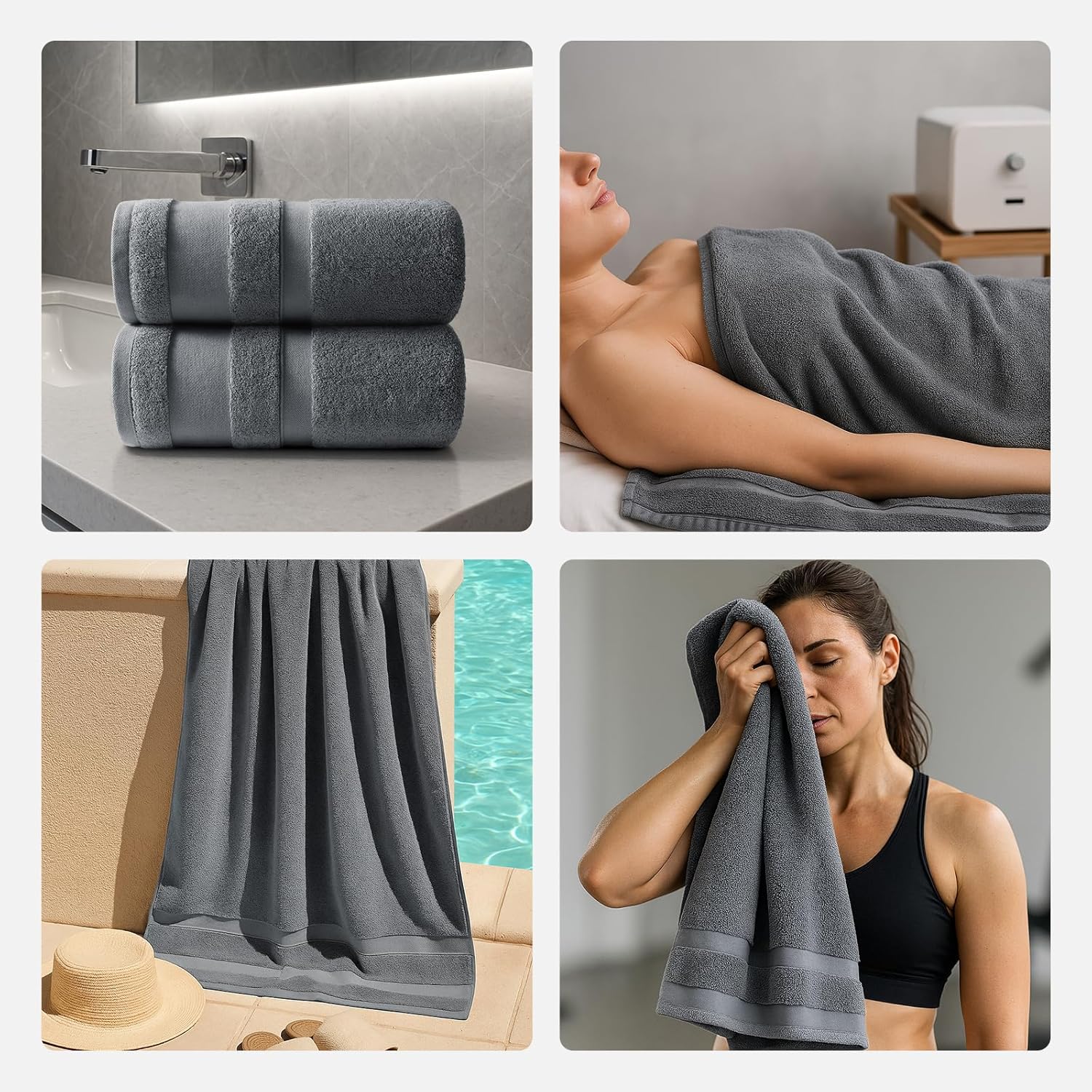 2-Piece 800GSM Oversized Cotton Bath Towels, 35x70in, Quick Dry, Ultra Soft, Super Absorbent, Grey