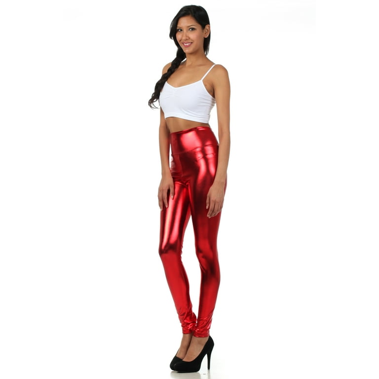 Sakkas Shiny Liquid Metallic High Waist Stretch Leggings - Made in USA -  Red - M