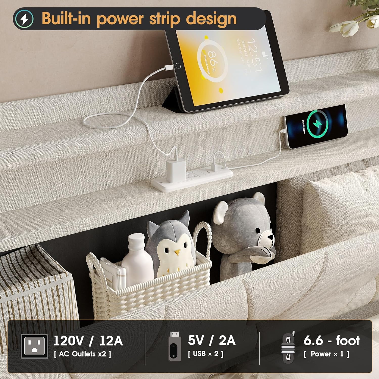 VEANERWOOD Full Size Lift Up Bed Frame with Storage Headboard, Upholstered Platform Bed with Charging Station, LED Lights, No Box Spring Needed