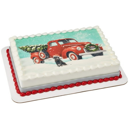 Christmas Cake Rec 1/4 Sheet Classic Red Truck With Christmas Tree Edible Cake Image ()