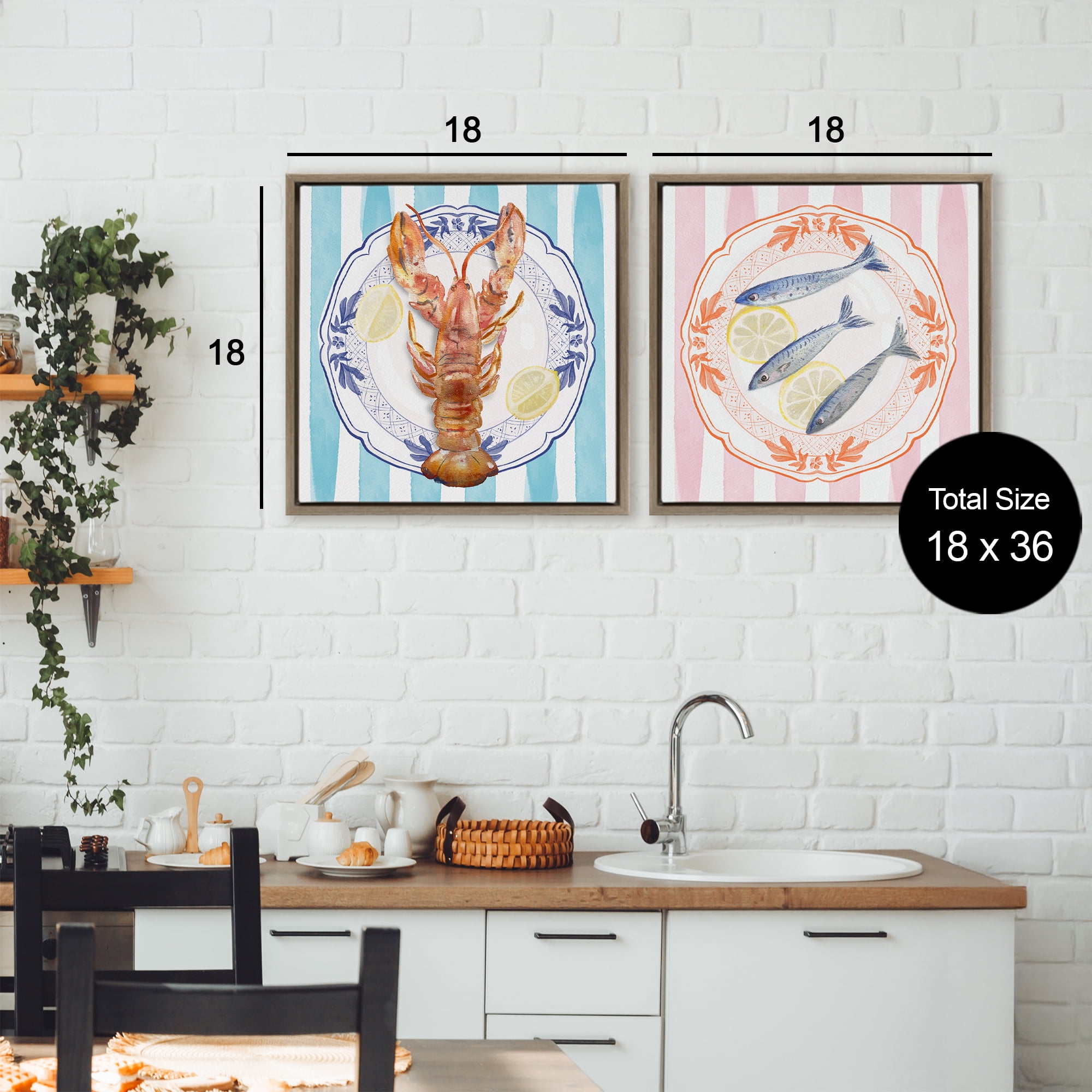 Stupell Industries Lobster & Sardines Plates 2 Piece Brown Framed Floater Canvas Set, design by Christie Adams