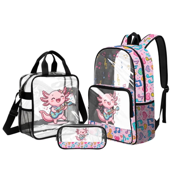 DISNIMO Clear Backpack, Axolotl Music Note Print 17 Inch Heavy Duty Clear Backpacks for School, Large PVC Transparent Bookbag with Lunch Box and Pencil, Back to School Gift
