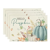 Smile Hello Pumpkin Floral Maple Leaves Fall Placemats 12 x 18 Set of 4 Blue