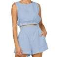 thumbnail image 2 of Womens Summer 2 Piece Cotton Linen Outfits Casual Crewneck Sleeveless Crop Tops High Waisted Shorts Sets Tracksuits, 2 of 7