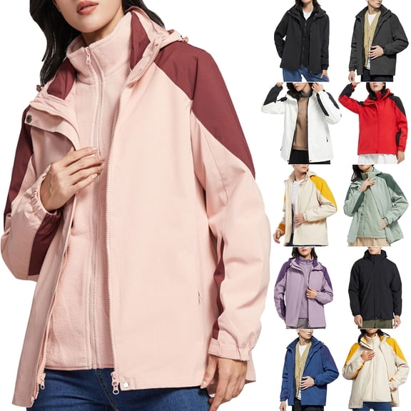 Lovskoo Women's Rain Jacket Technical Winter Coat Casual Waterproof Windbreaker Ladies Fleece Thickened Warm Hooded Reversible Jacket Black