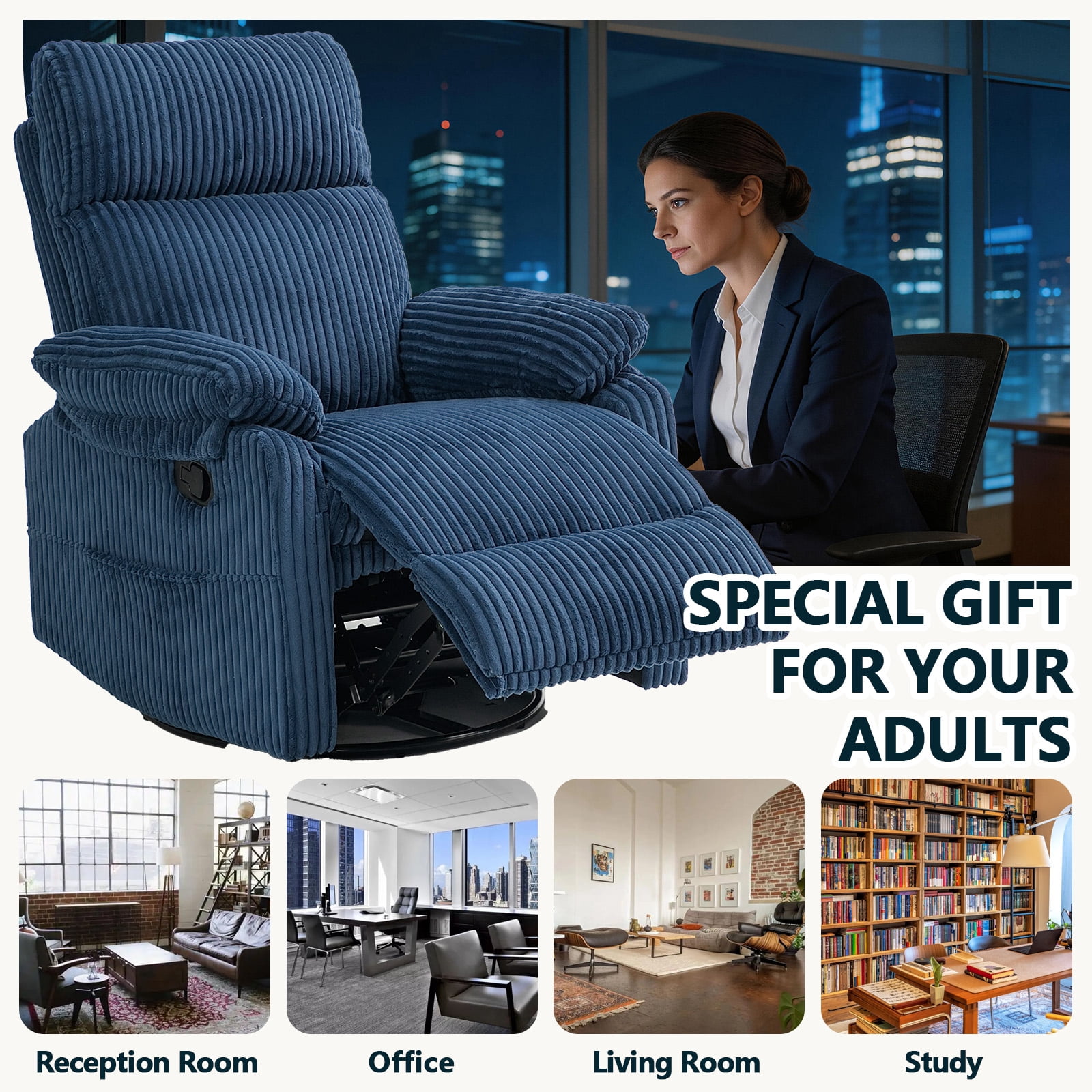 Leumius Swivel Recliner Chair,360° Swivel Rocker Chair for Living Room,Upholstered Nursery Glider Recliner Chair for Small Spaces,Manual Recliner for Adults for Home Theater,Blue