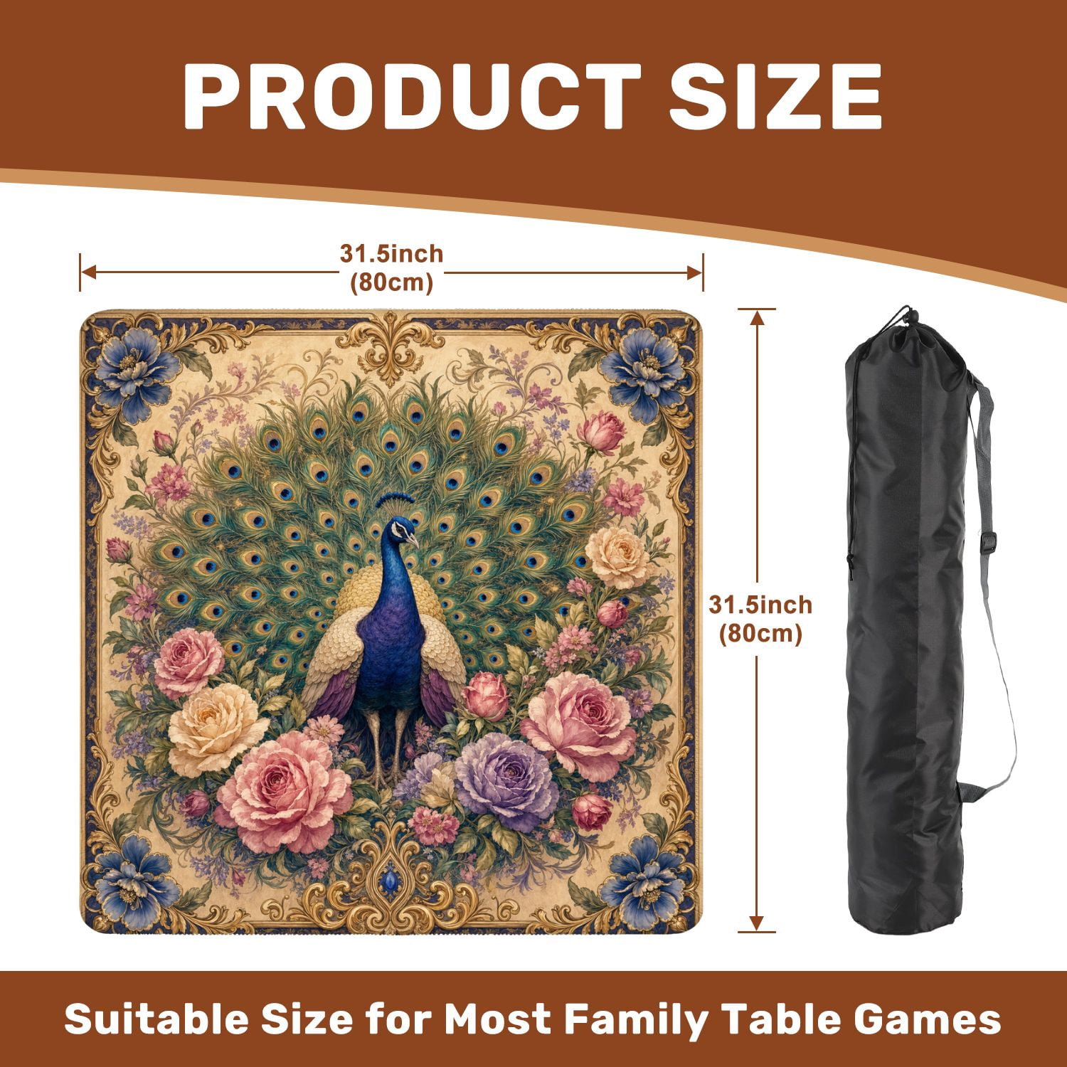 Mahjong Mat 31.5" x 31.5" Elegant Peacock Floral Golden Frame Vintage Style Non-Slip Noise Reduction Mahjong Tiles Table Cover for Dominoes Poker Card Board and Tile Games