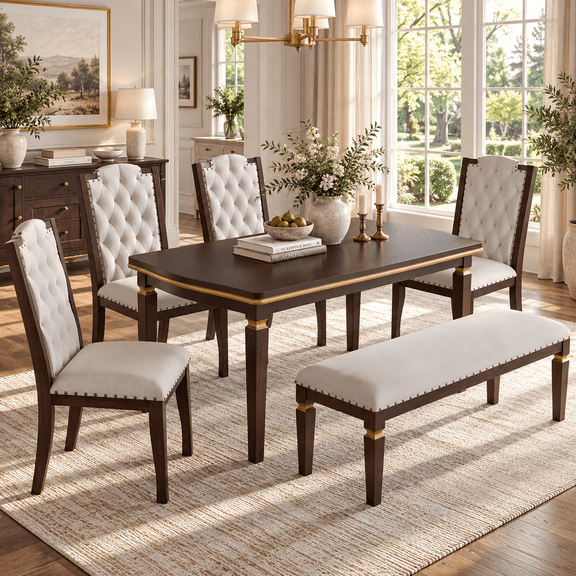 Aukfa 6-Piece Modern Glam Dining Table Set for 6, 60" Rectangular Table with Gold Trim, 4 Tufted Chairs & Padded Bench with Nailhead Trim,Espresso